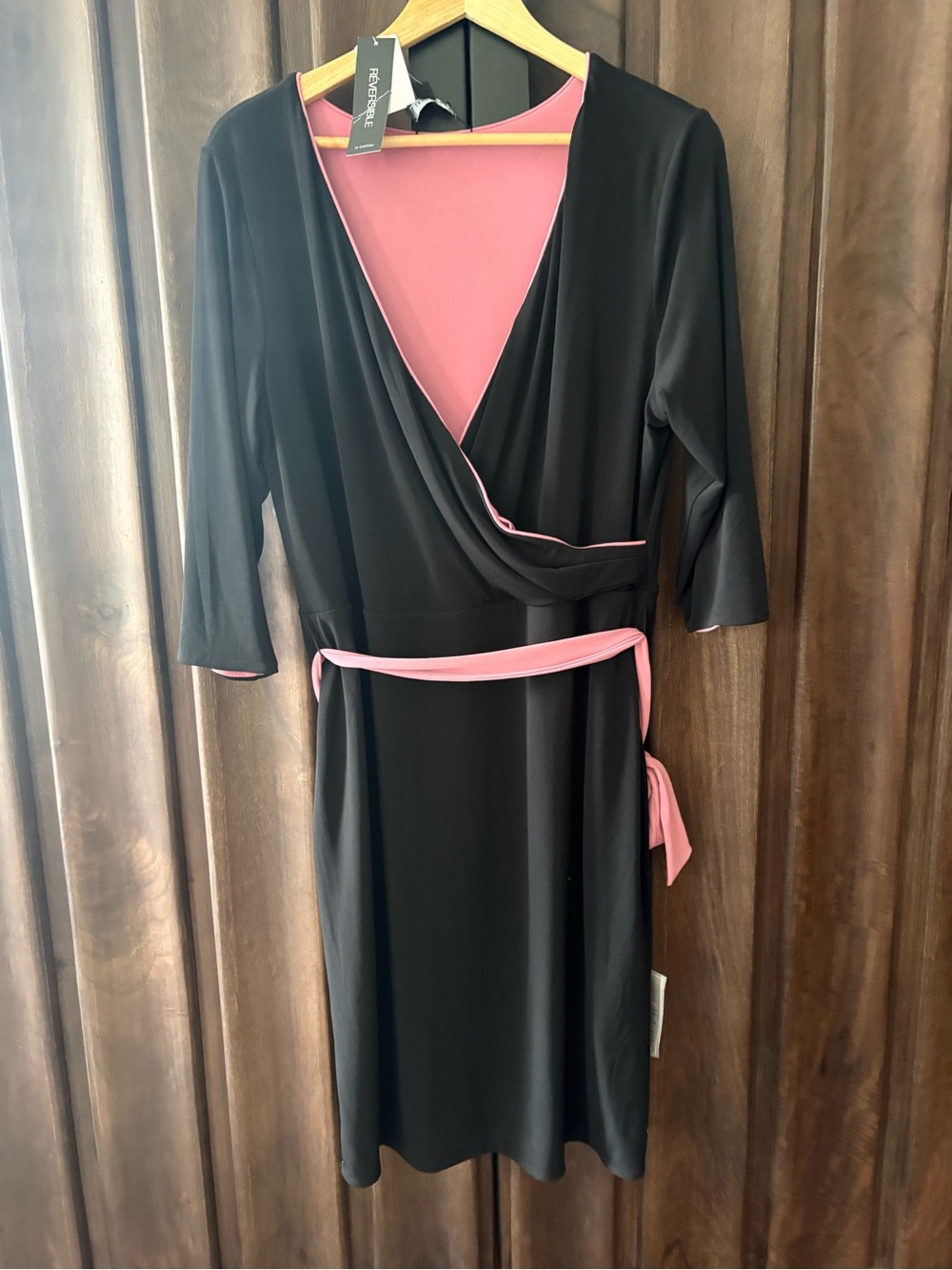le chateau Black Wrap Dress with Pink Trim